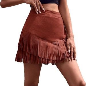 Womens Burgundy Suede Fringe mini skirt, Size Medium